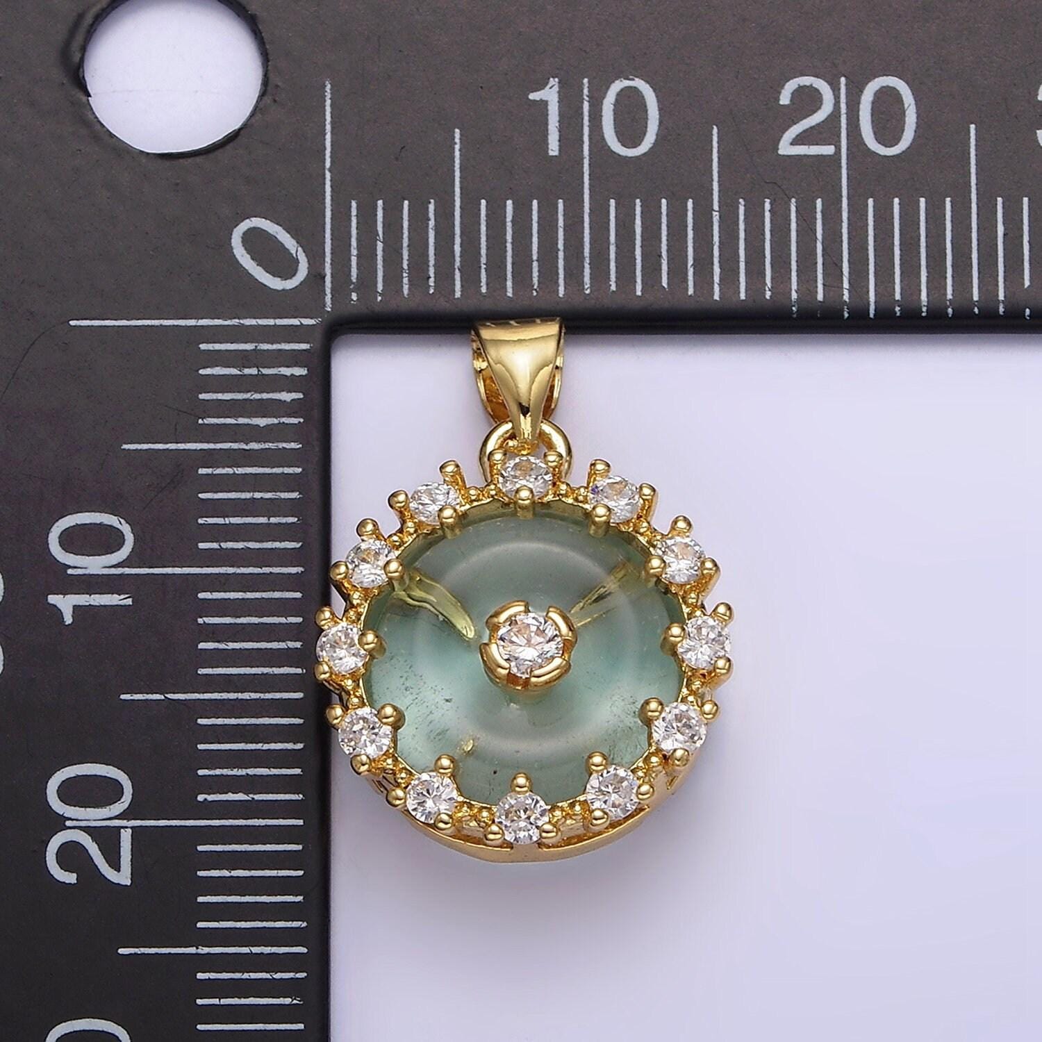 14k gold filled natural gemstone fluorite donut clear cz round outline pendant | aa606