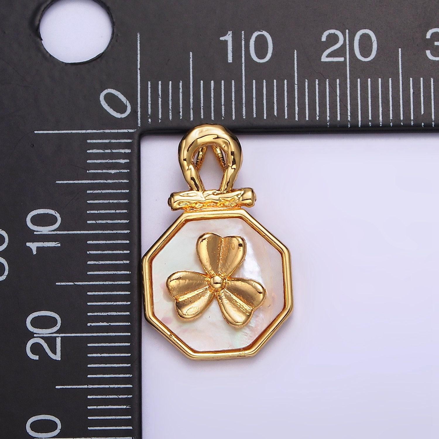 24k gold filled clover shell pearl molten bail hexagonal pendant | aa604