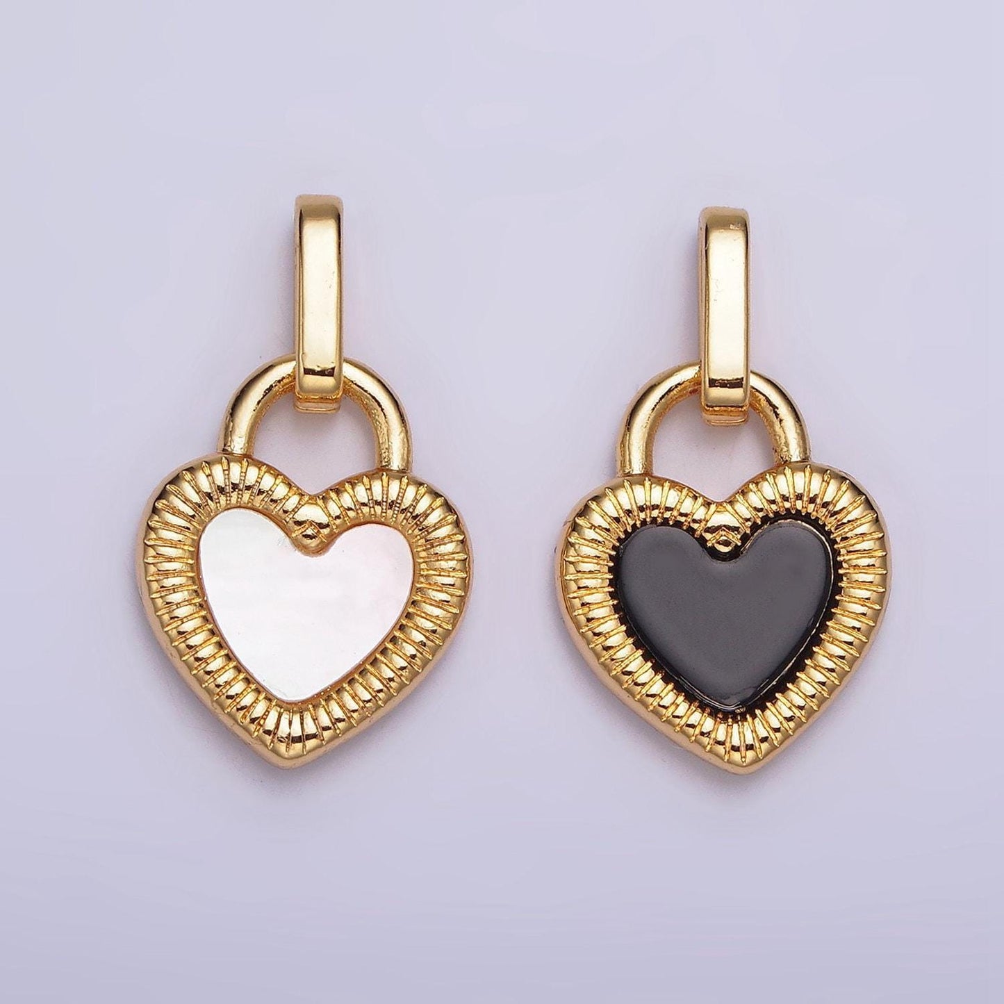 24k gold filled double sided shell pearl onyx line-textured heart lock pendant | aa601