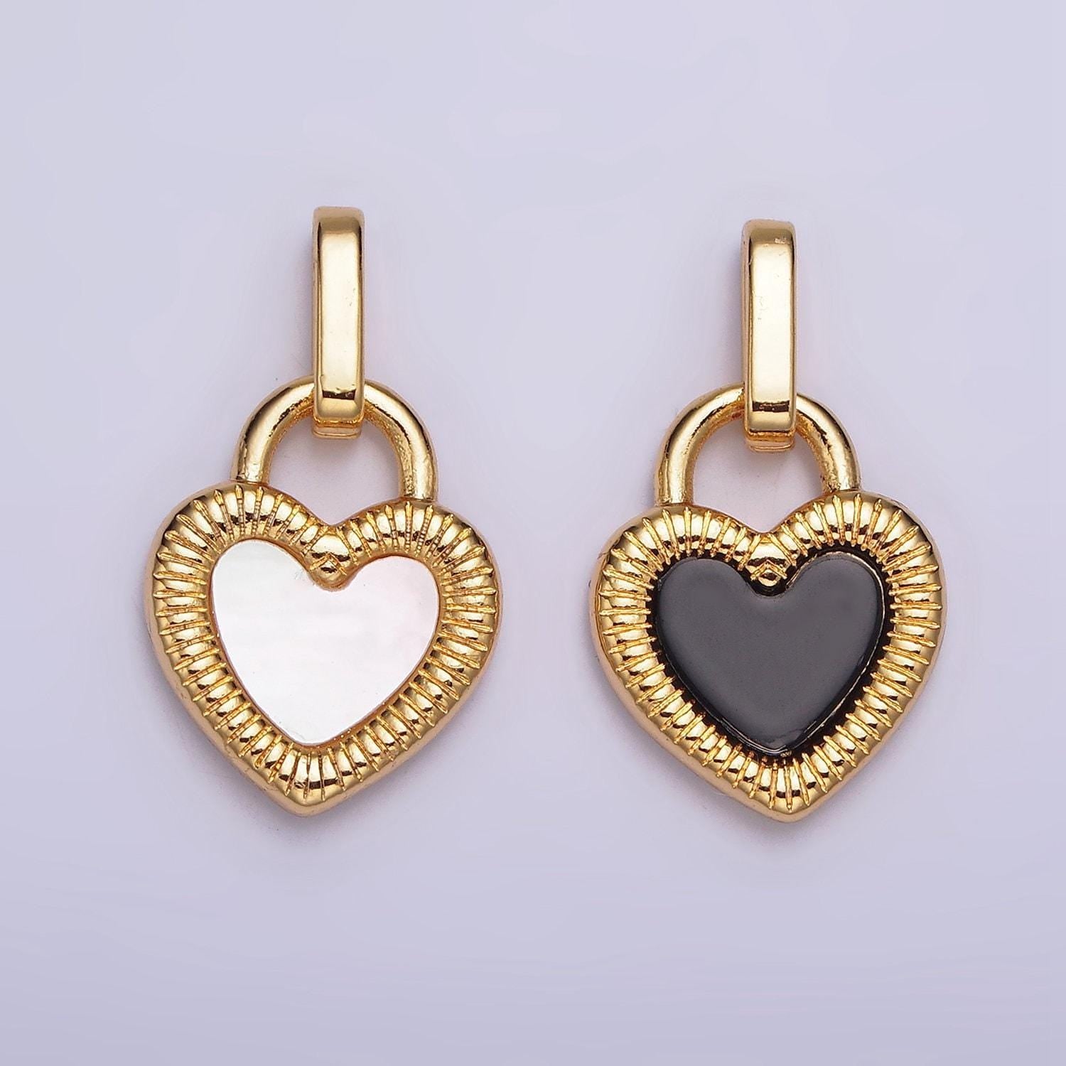 24k gold filled double sided shell pearl onyx line-textured heart lock pendant | aa601