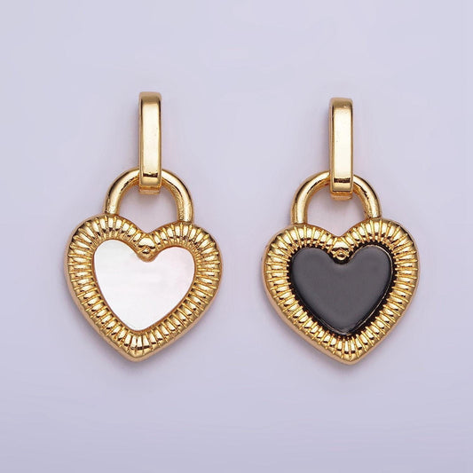24k gold filled double sided shell pearl onyx line-textured heart lock pendant | aa601