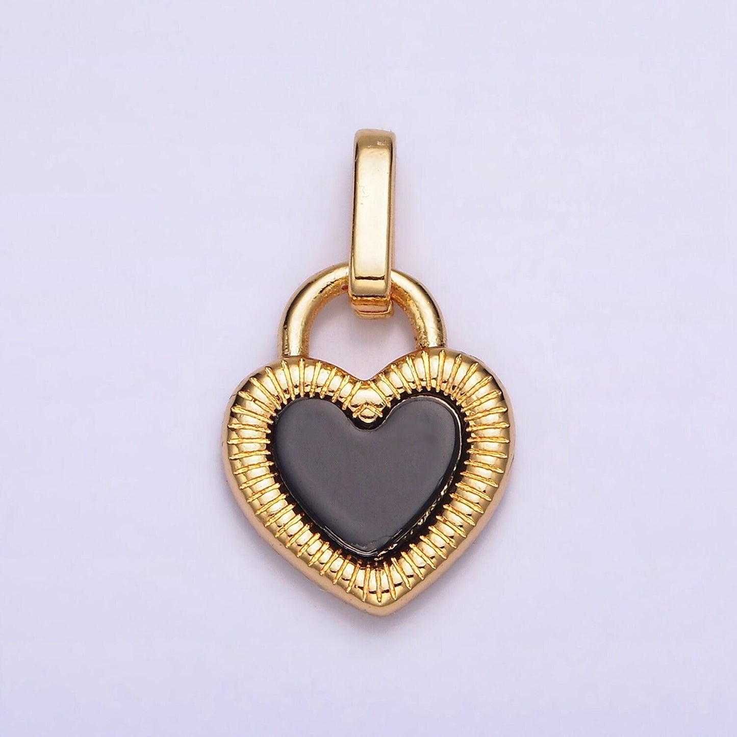24k gold filled double sided shell pearl onyx line-textured heart lock pendant | aa601