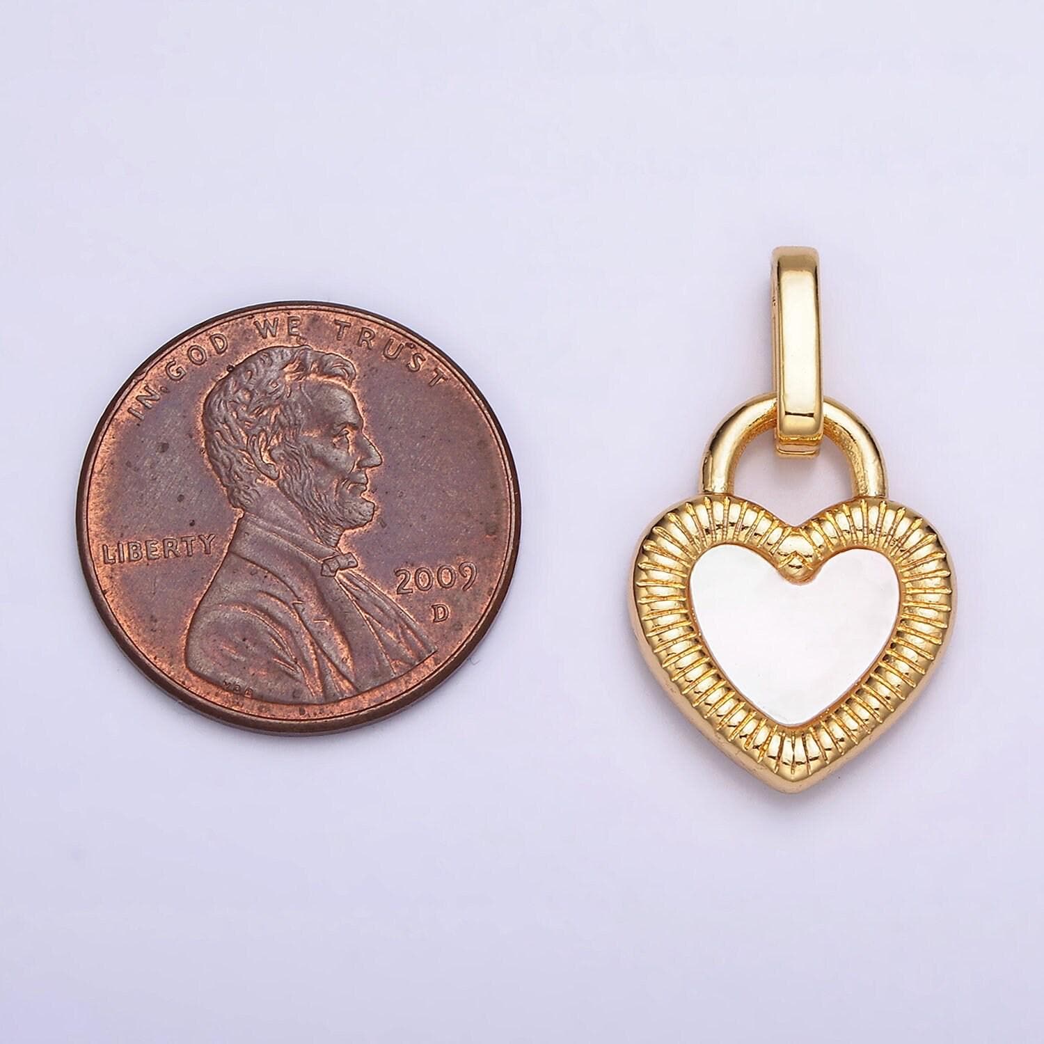 24k gold filled double sided shell pearl onyx line-textured heart lock pendant | aa601
