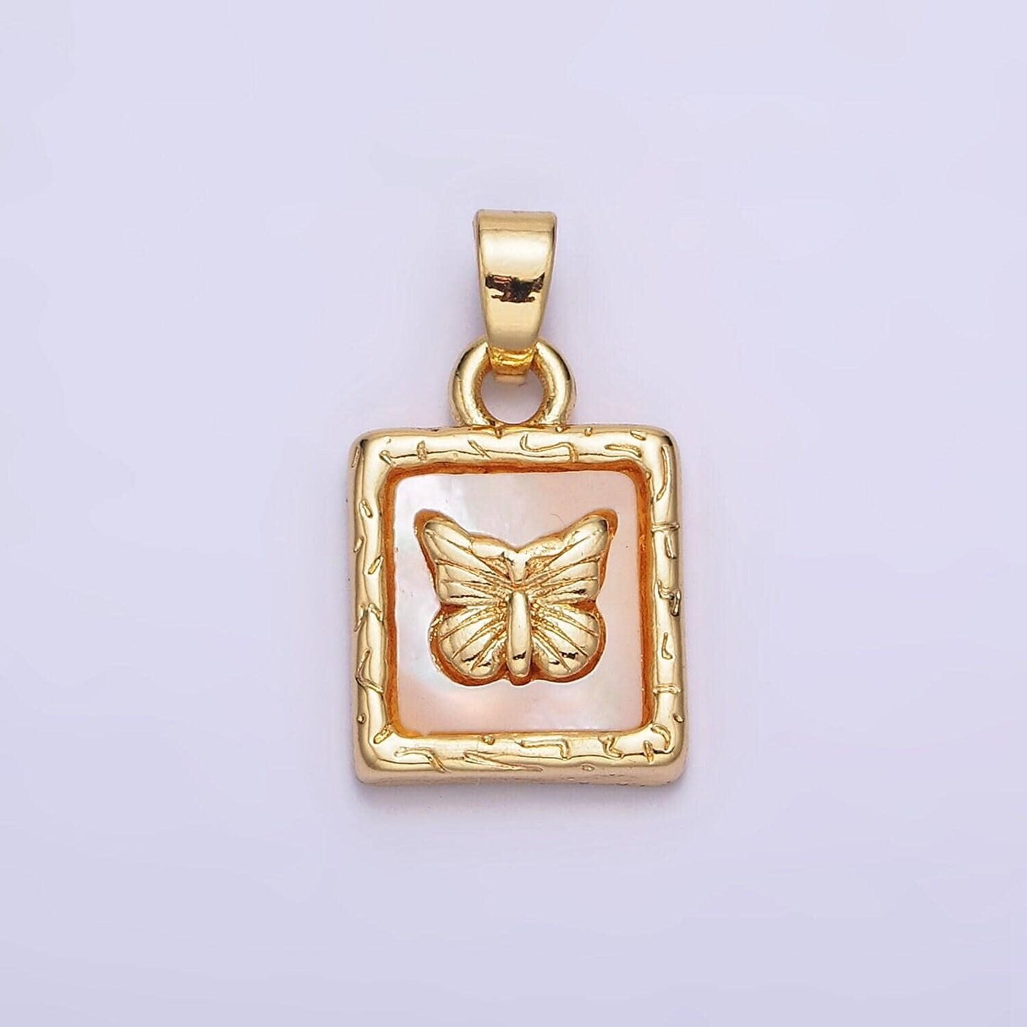 24k gold filled butterfly mariposa shell pearl line-textured square pendant | aa594