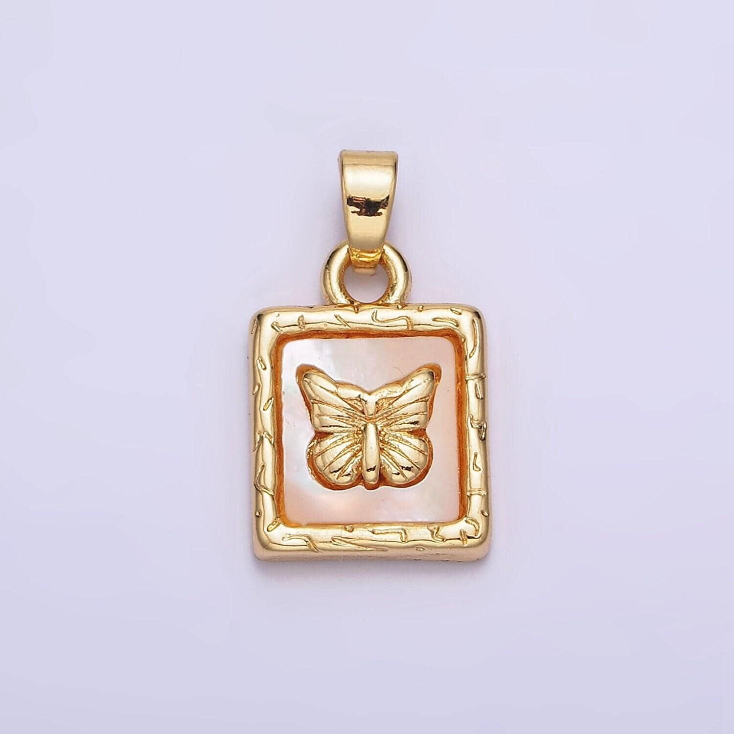 24k gold filled butterfly mariposa shell pearl line-textured square pendant | aa594
