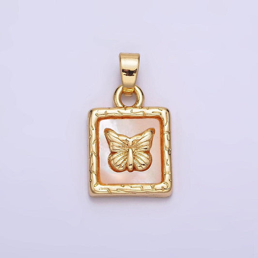 24k gold filled butterfly mariposa shell pearl line-textured square pendant | aa594