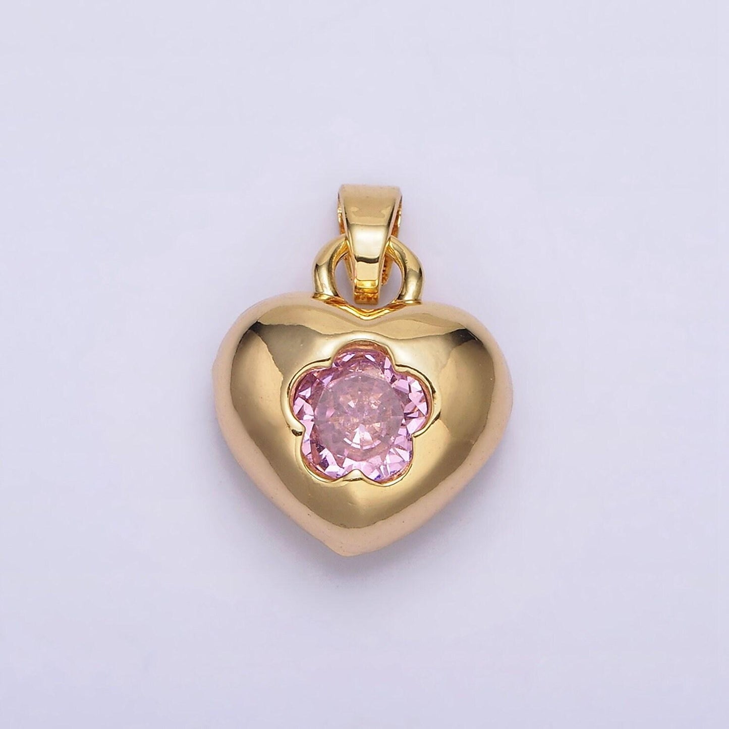 24k gold filled clear, pink flower cz open heart pendant | aa590 aa591