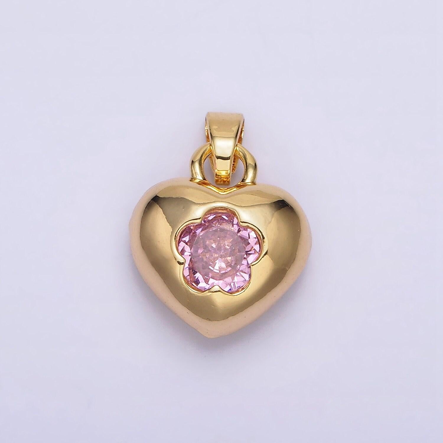 24k gold filled clear, pink flower cz open heart pendant | aa590 aa591