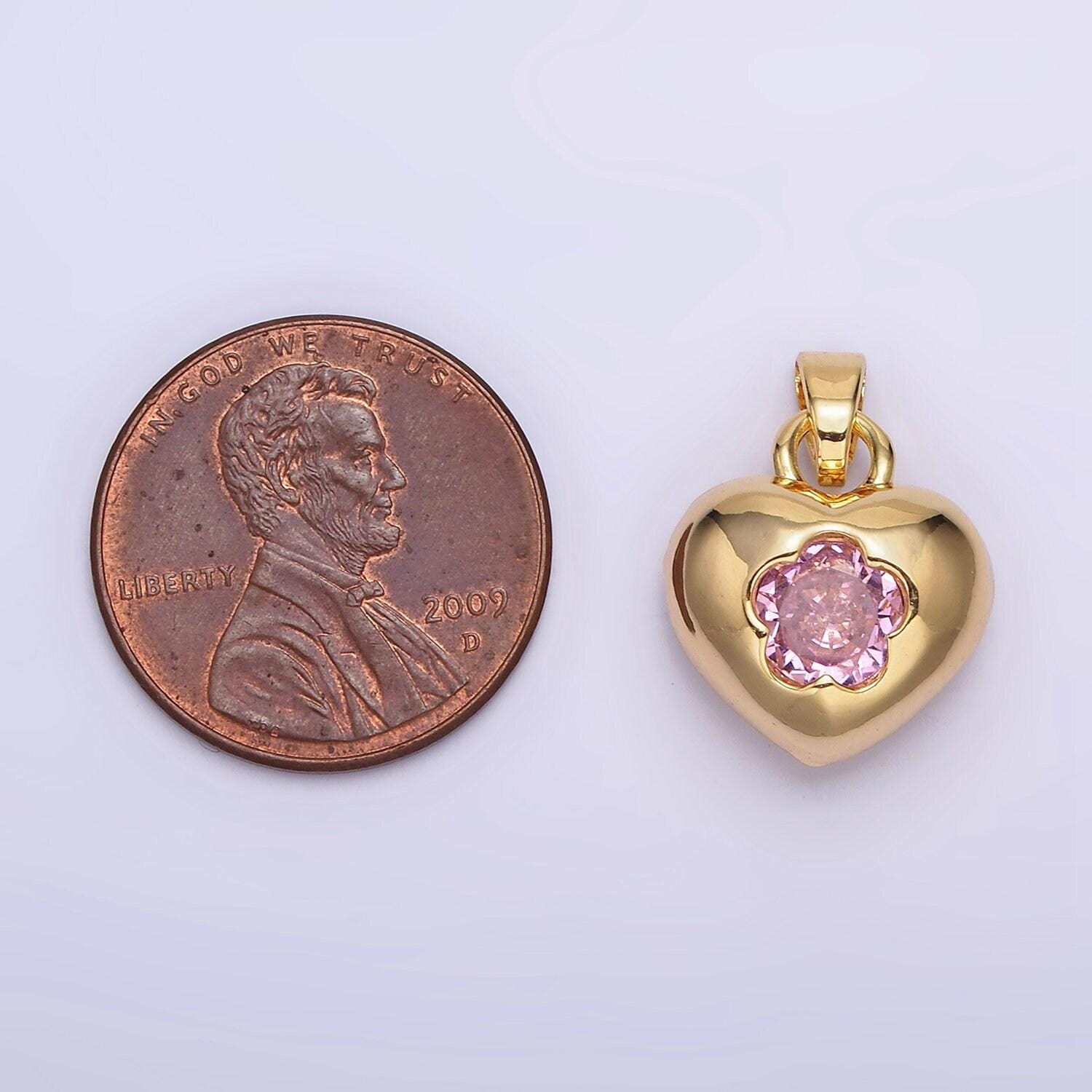 24k gold filled clear, pink flower cz open heart pendant | aa590 aa591