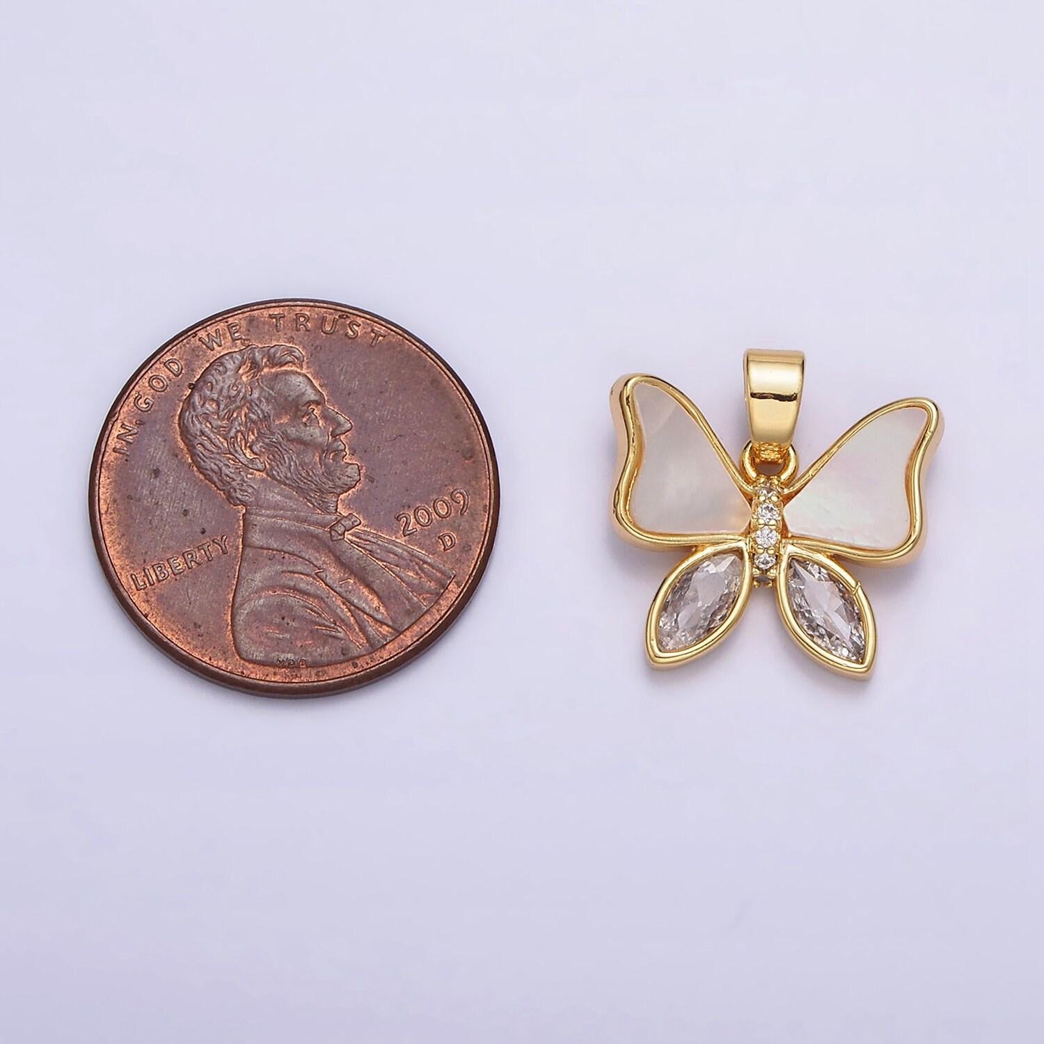 24k gold filled butterfly shell pearl clear cz marquise wings pendant | aa586