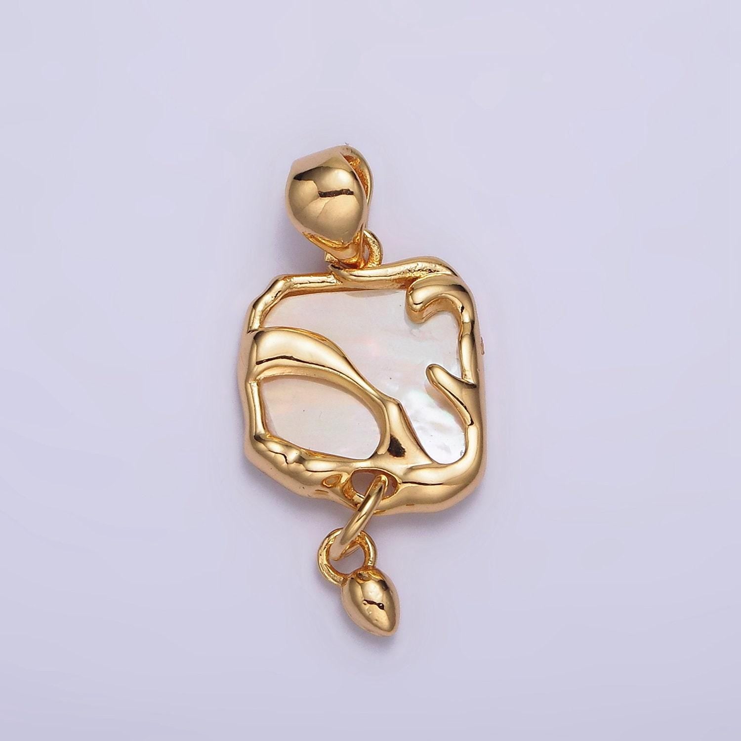24k gold filled shell pearl abstract molten square drop pendant | aa585