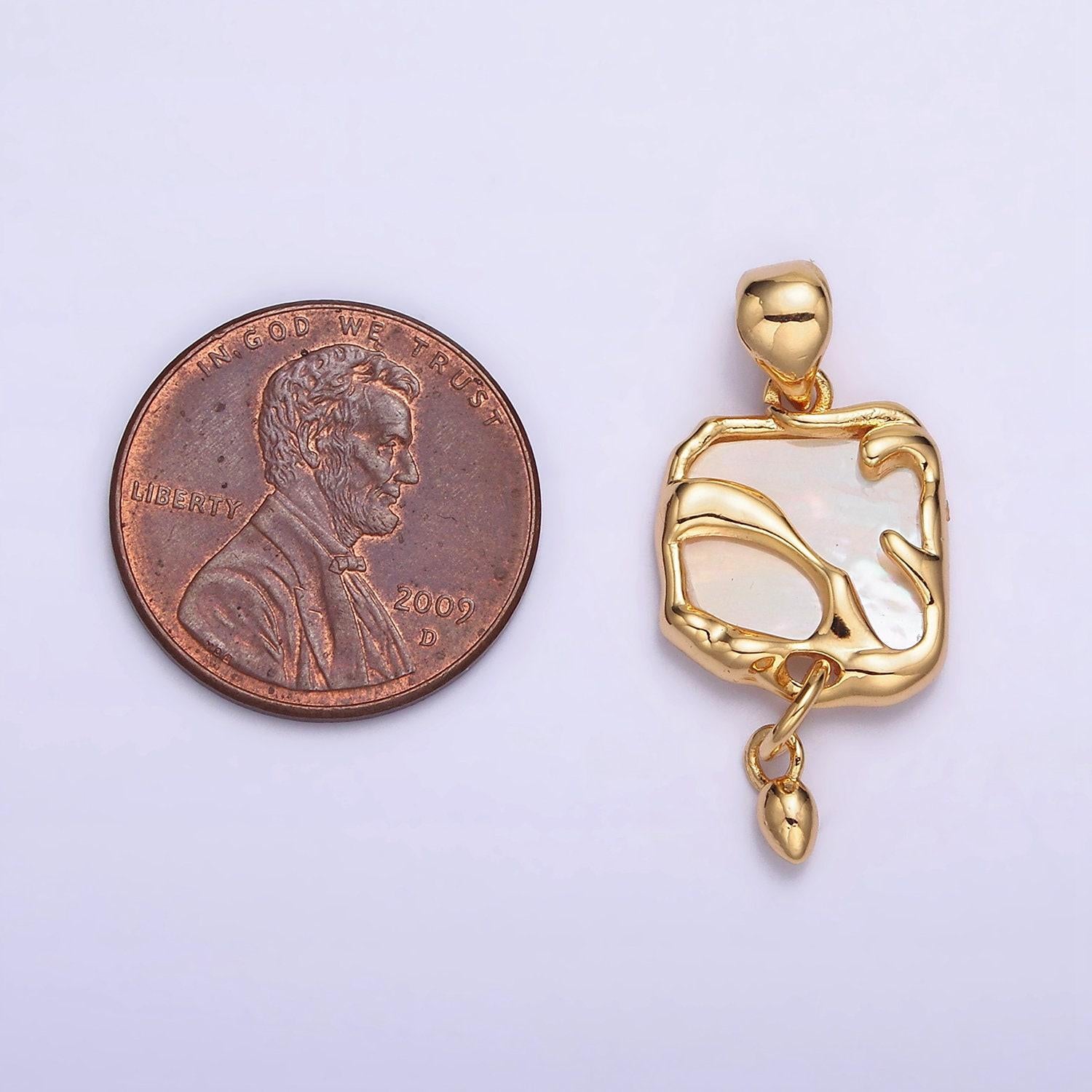 24k gold filled shell pearl abstract molten square drop pendant | aa585