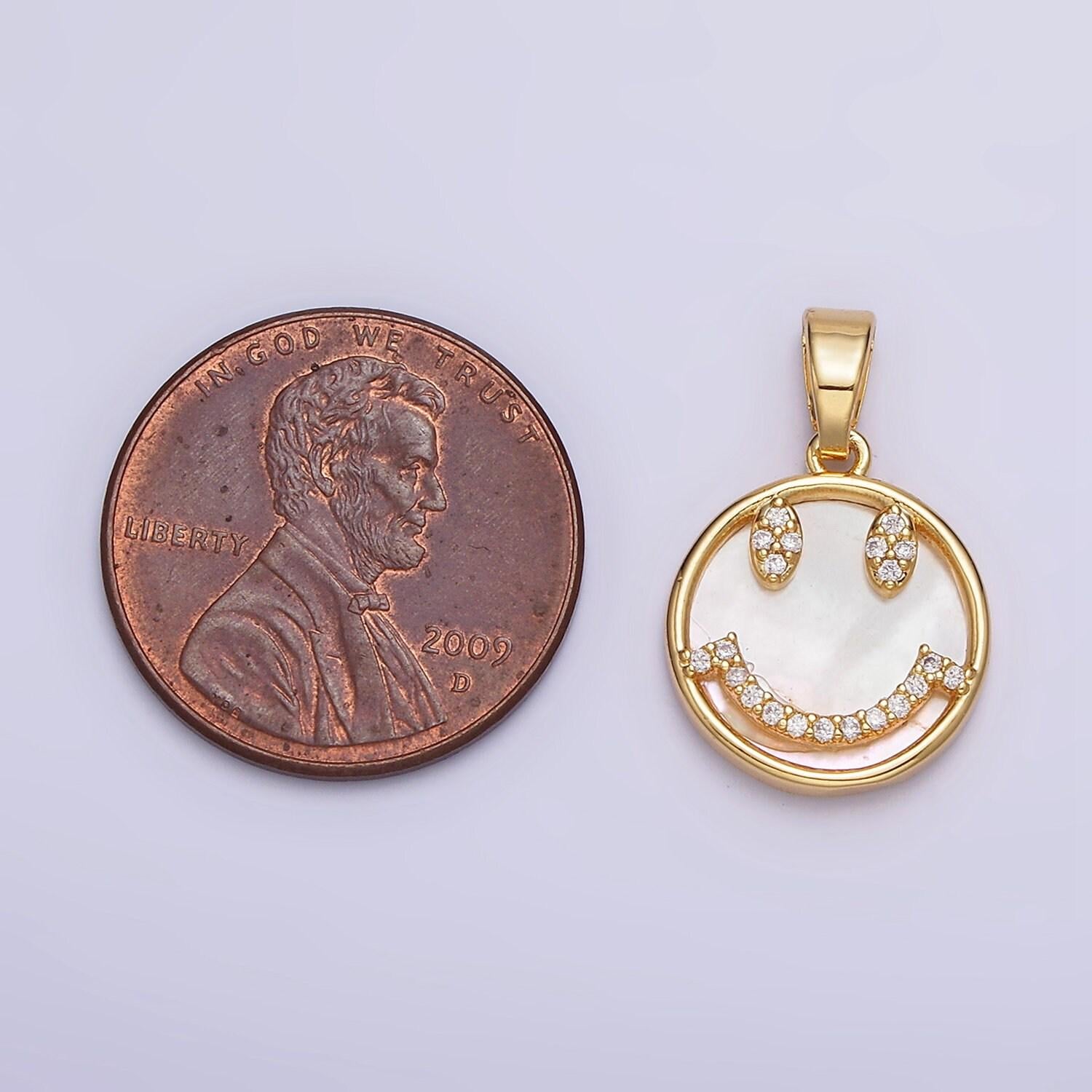 24k gold filled happy face micro paved cz shell pearl round pendant | aa584