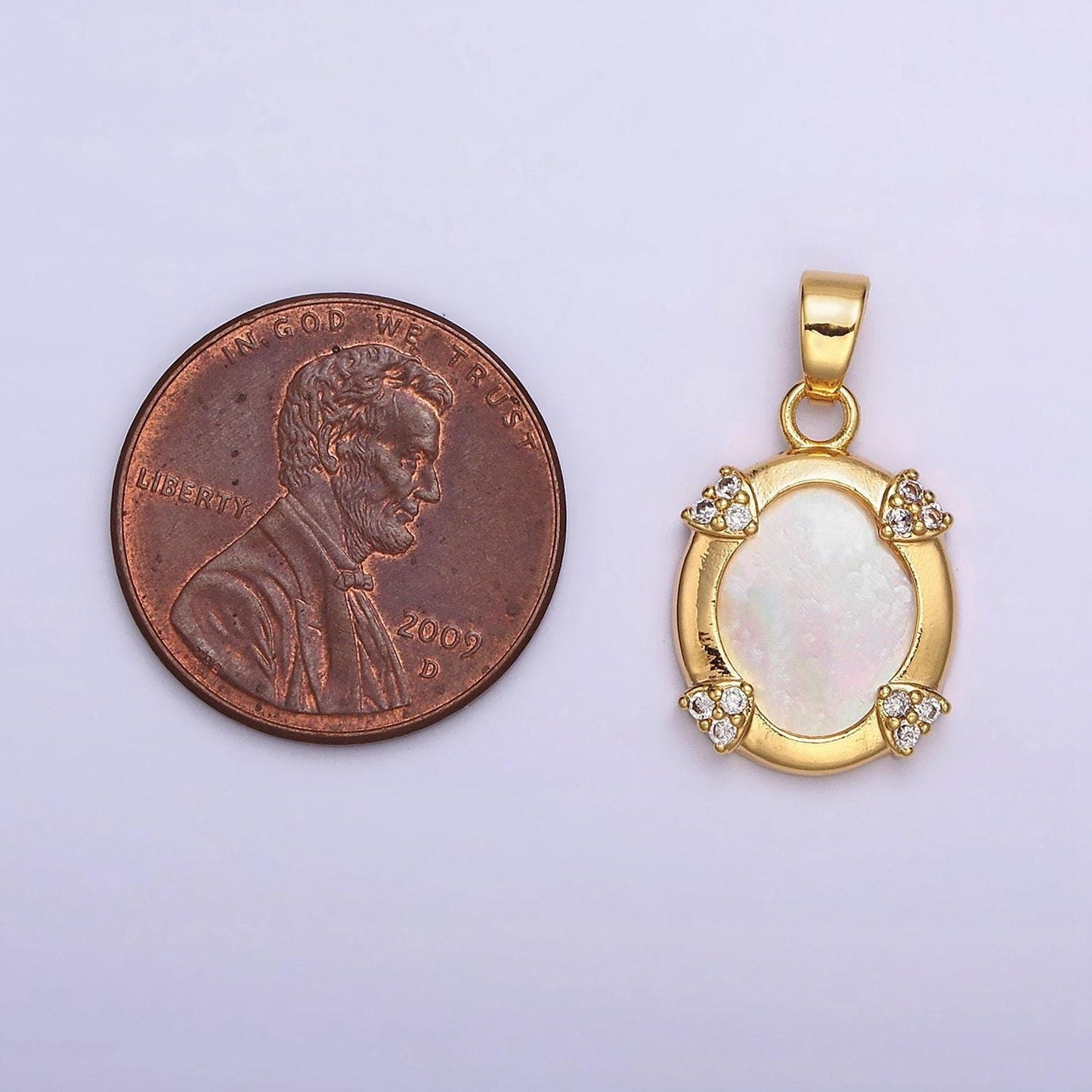 24k gold filled shell pearl micro paved cz clip frame oval pendant | aa578