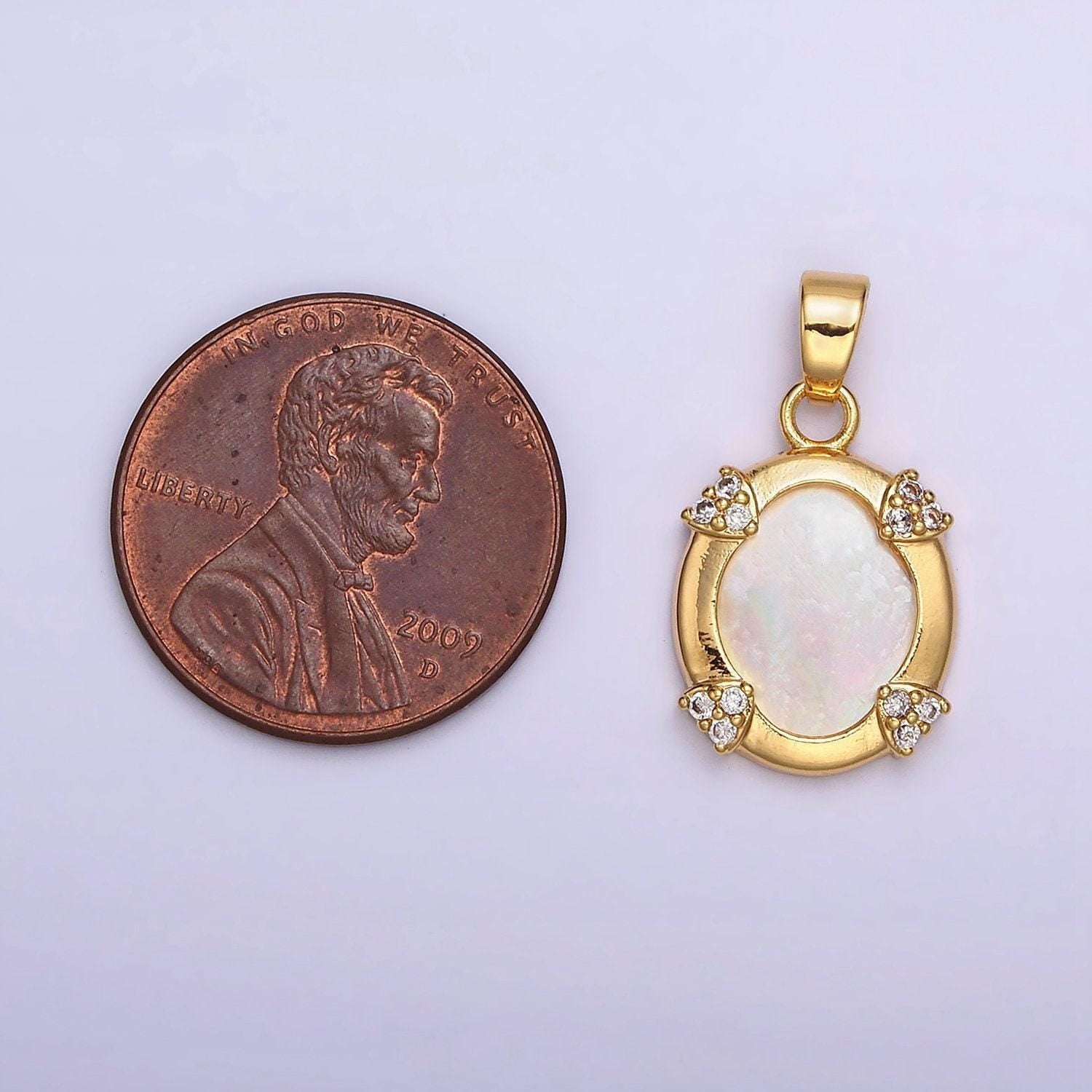 24k gold filled shell pearl micro paved cz clip frame oval pendant | aa578