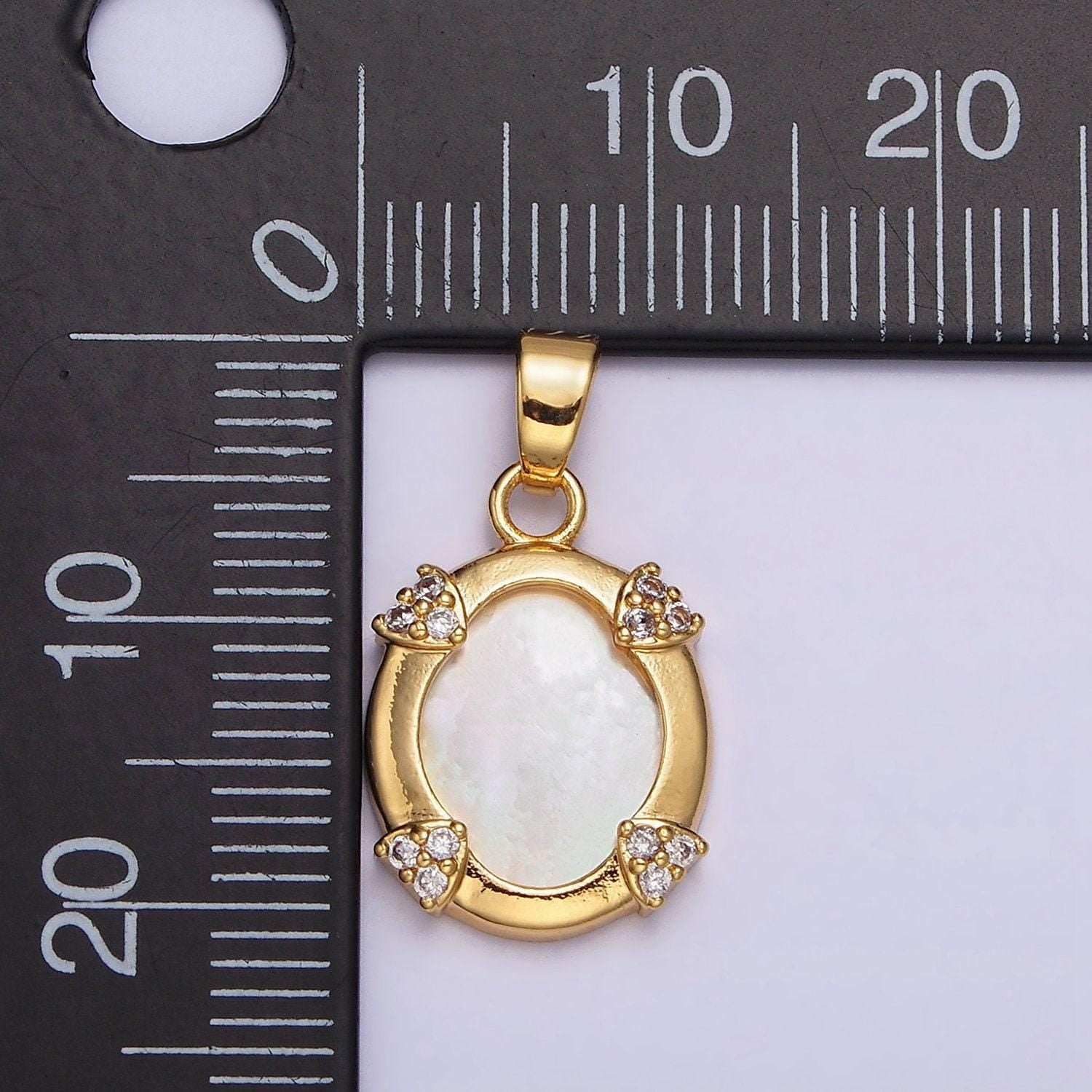 24k gold filled shell pearl micro paved cz clip frame oval pendant | aa578