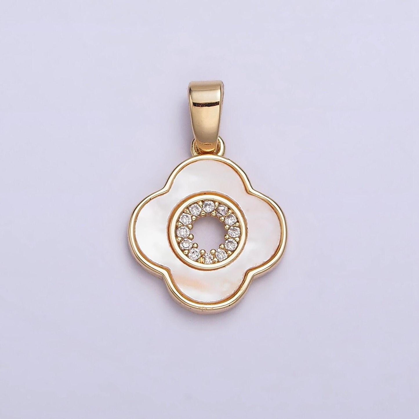 24k gold filled shell pearl micro paved cz open quatrefoil pendant | aa575