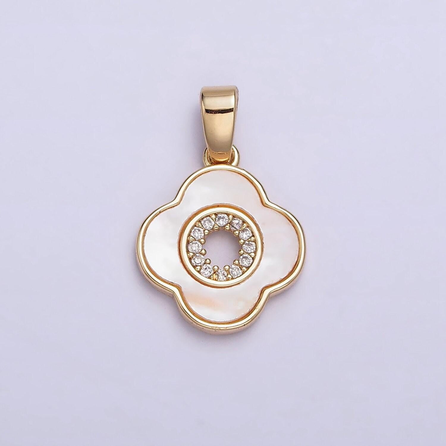 24k gold filled shell pearl micro paved cz open quatrefoil pendant | aa575