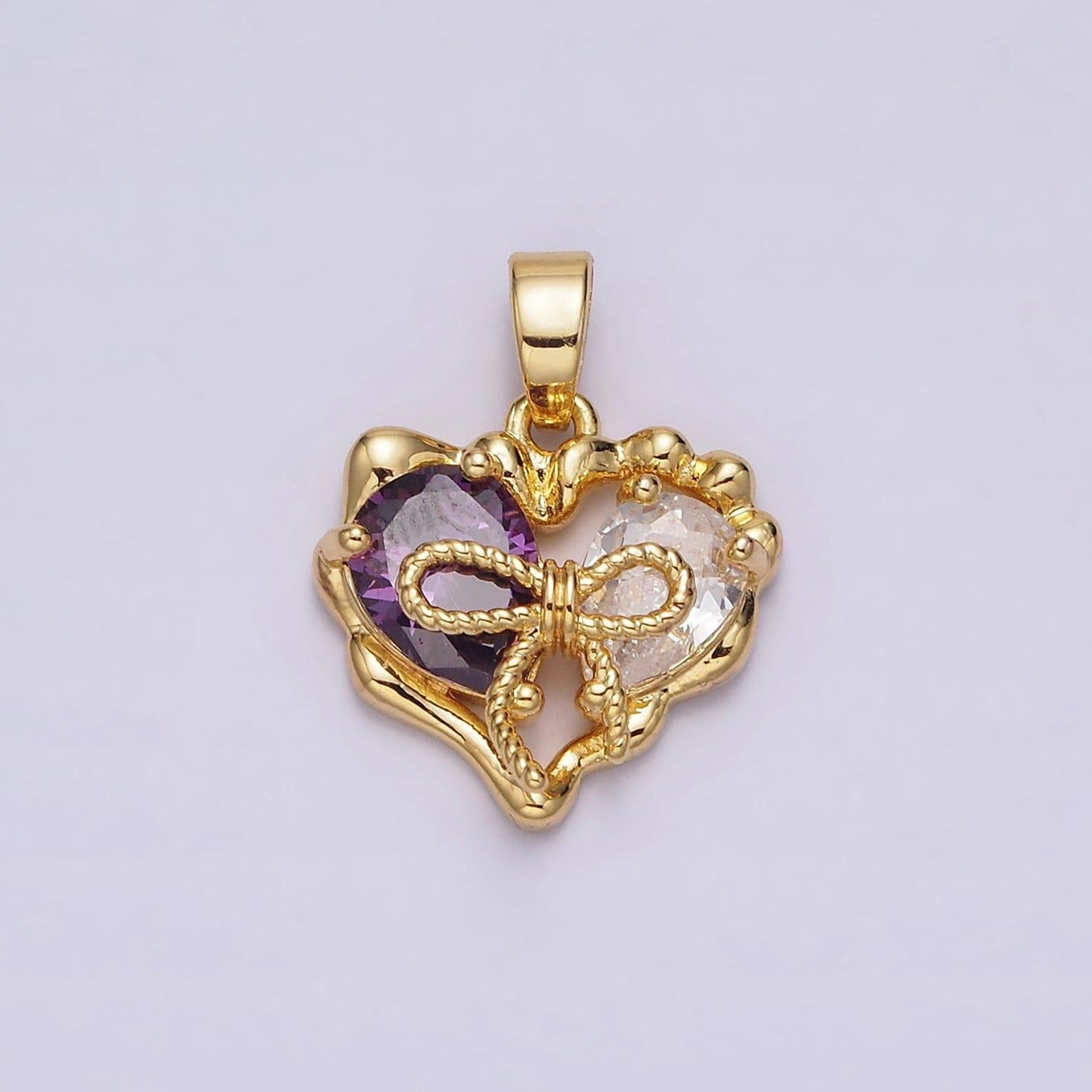 24k gold filled purple pink teardrop cz ribbon tied molten drip abstract heart pendant | aa569
