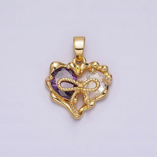 24k gold filled purple pink teardrop cz ribbon tied molten drip abstract heart pendant | aa569