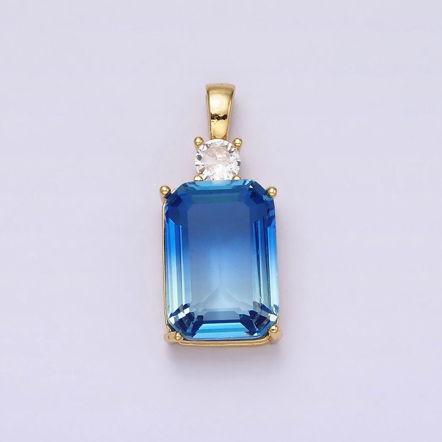 Dainty emerald cut charm blue cz gold filled set with cubic zirconia ombre color for necklace jewelry making aa548