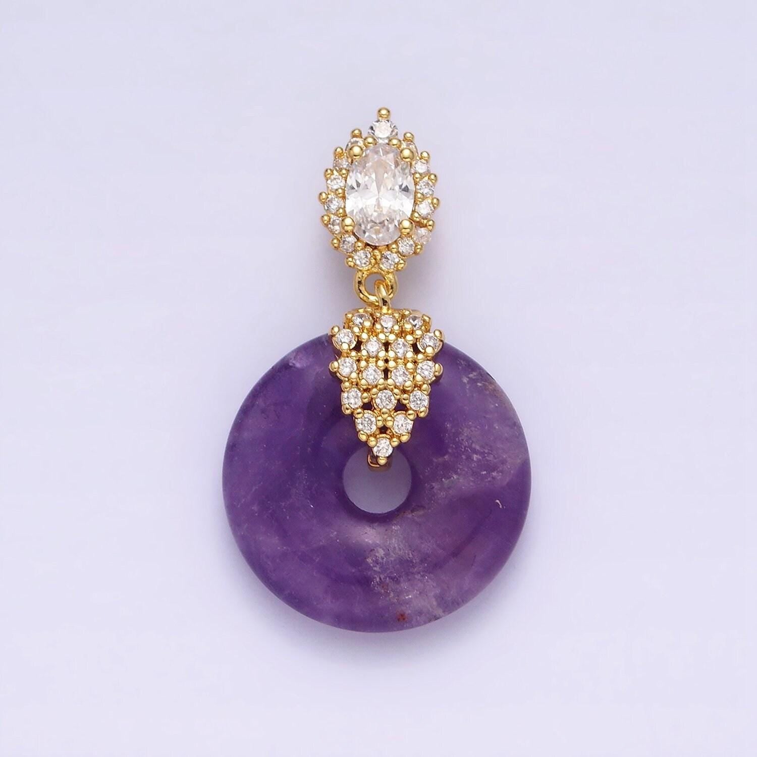 14k gold filled amethyst natural gemstone donut micro paved cz oval artisan bail pendant | aa541