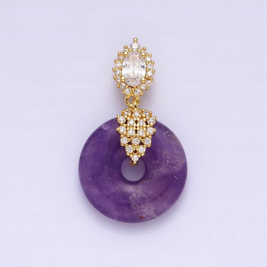 14k gold filled amethyst natural gemstone donut micro paved cz oval artisan bail pendant | aa541