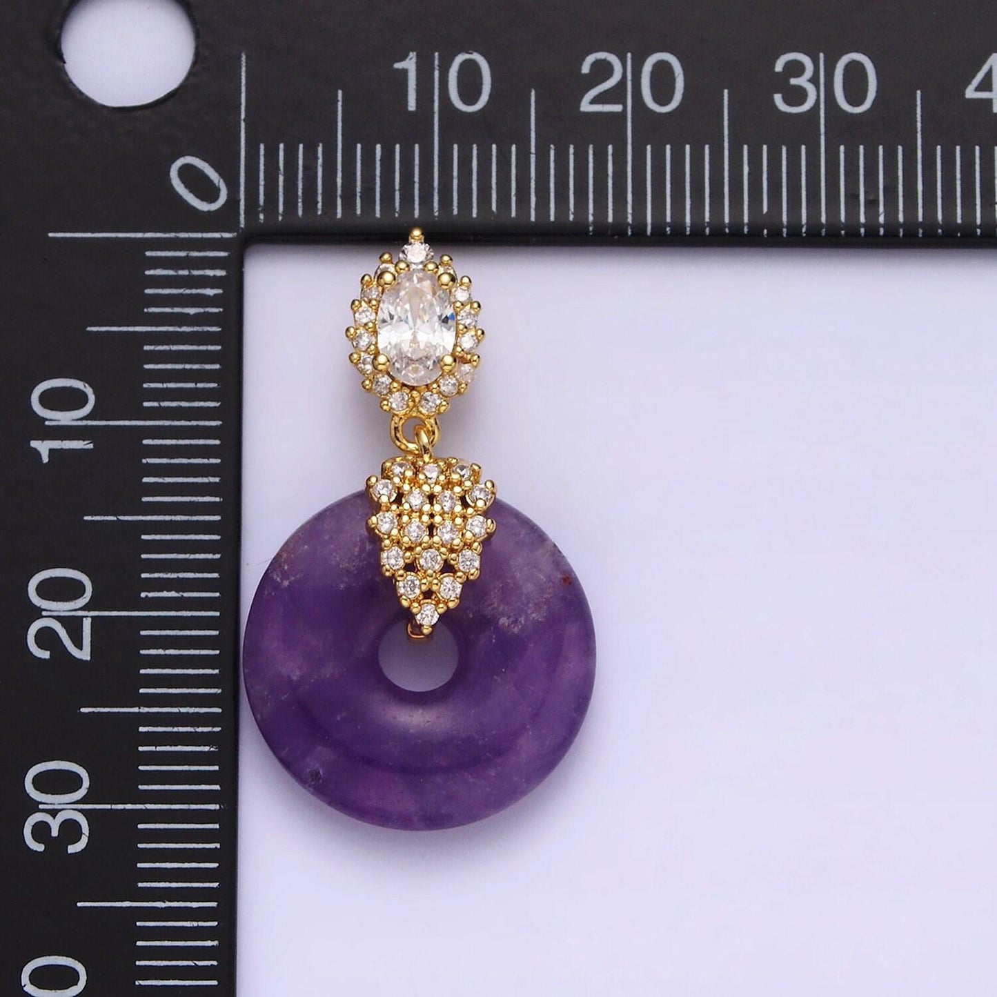 14k gold filled amethyst natural gemstone donut micro paved cz oval artisan bail pendant | aa541