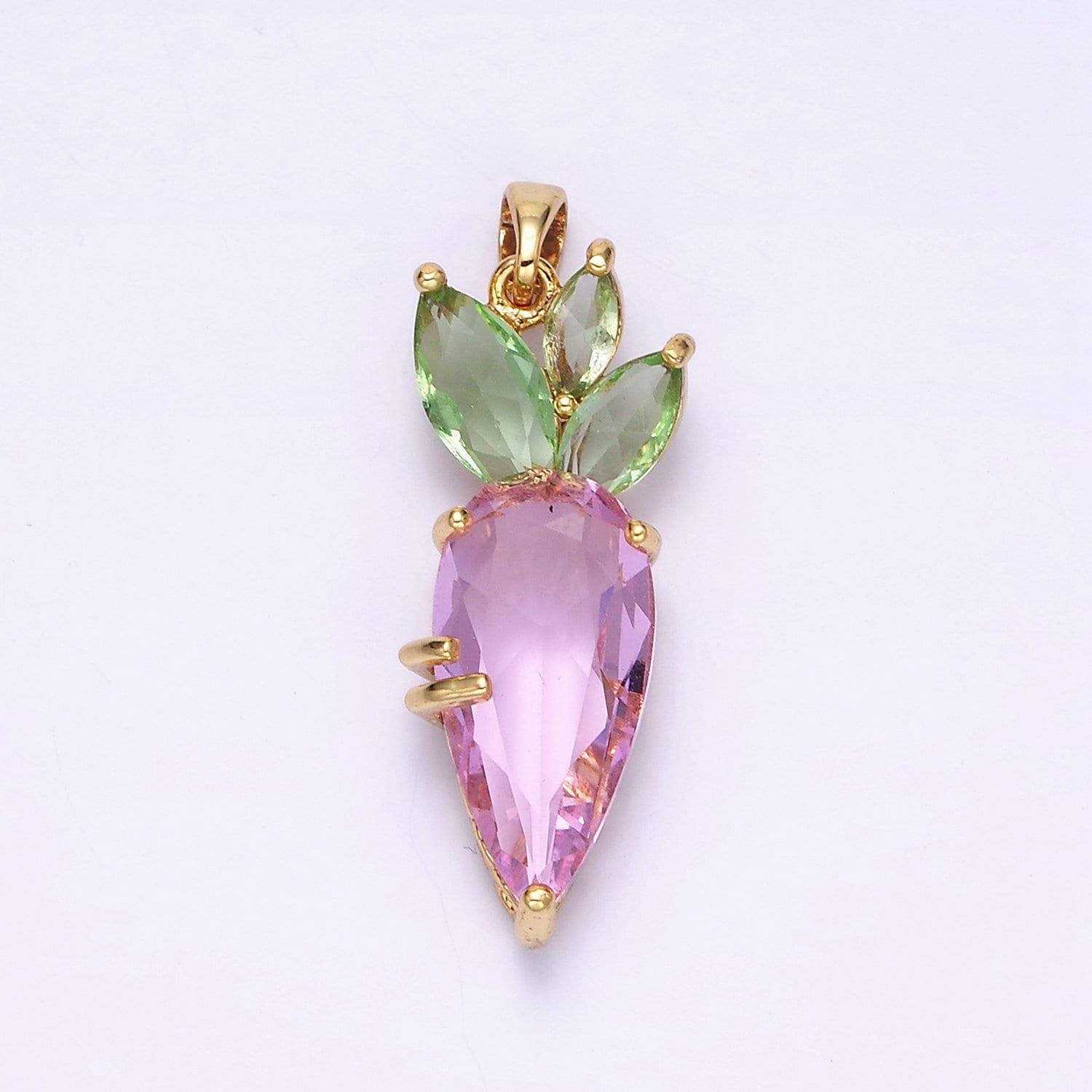 Dainty gold filled pink carrot charms green cubic zirconia vegetable food jewelry inspired for necklace earring bracelet component aa-538