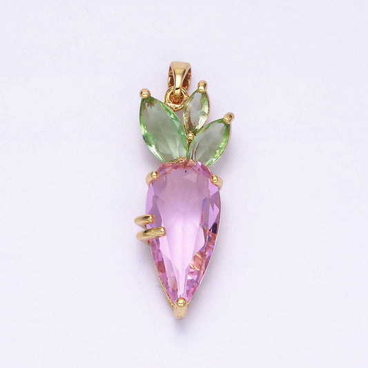 Dainty gold filled pink carrot charms green cubic zirconia vegetable food jewelry inspired for necklace earring bracelet component aa-538