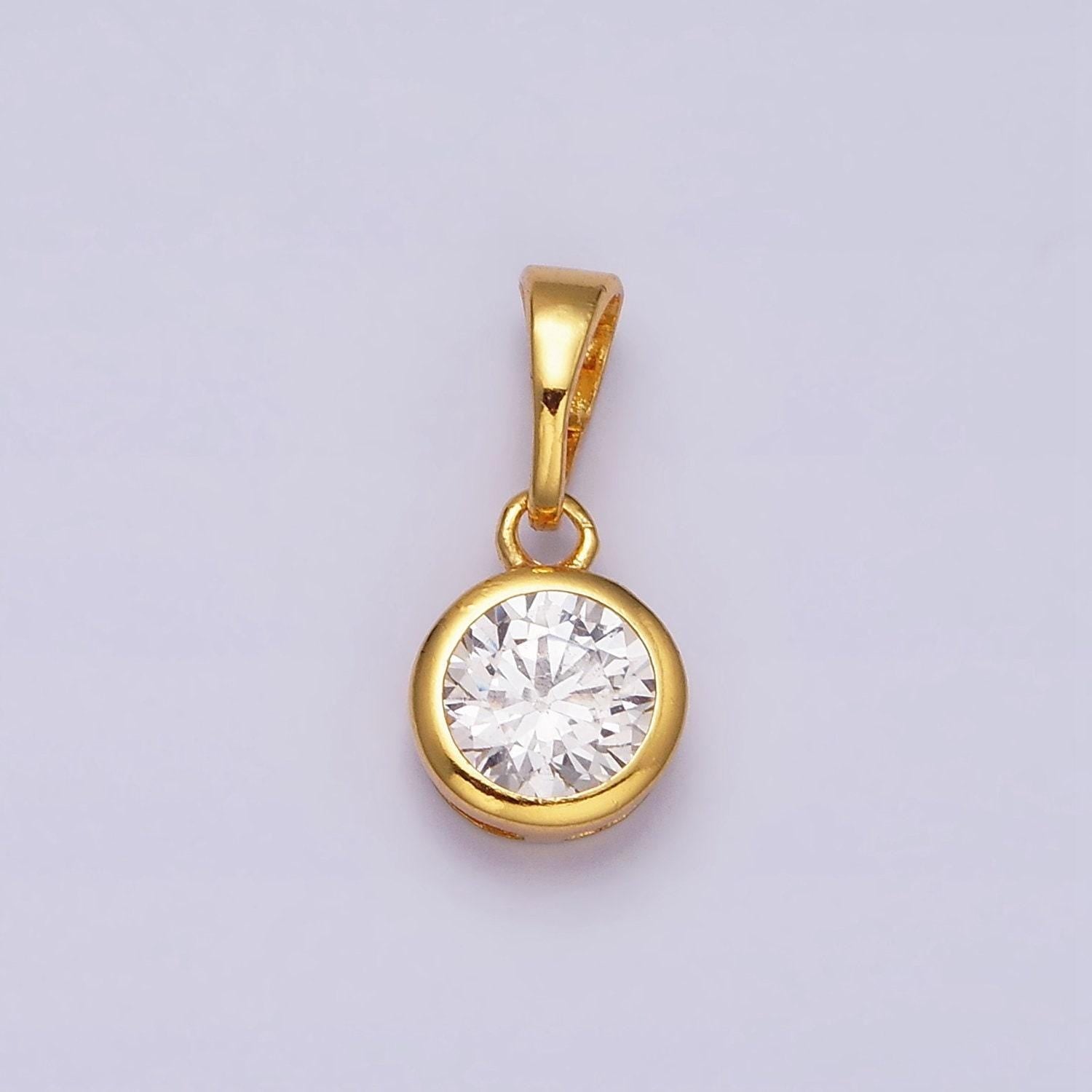 24k gold filled 7mm round clear cubic zirconia cz bezel minimalist pendant solitaire diamond crystal cz | aa513