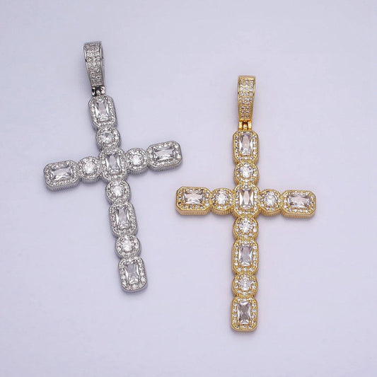 16k gold filled cross religious clear baguette round cz micro paved pendant in gold & silver | aa503 aa504