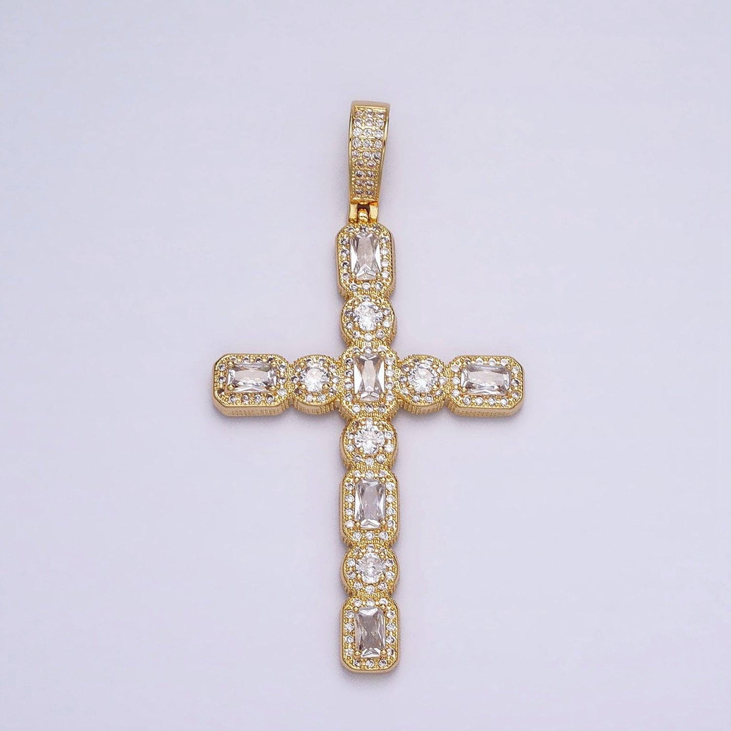 16k gold filled cross religious clear baguette round cz micro paved pendant in gold & silver | aa503 aa504