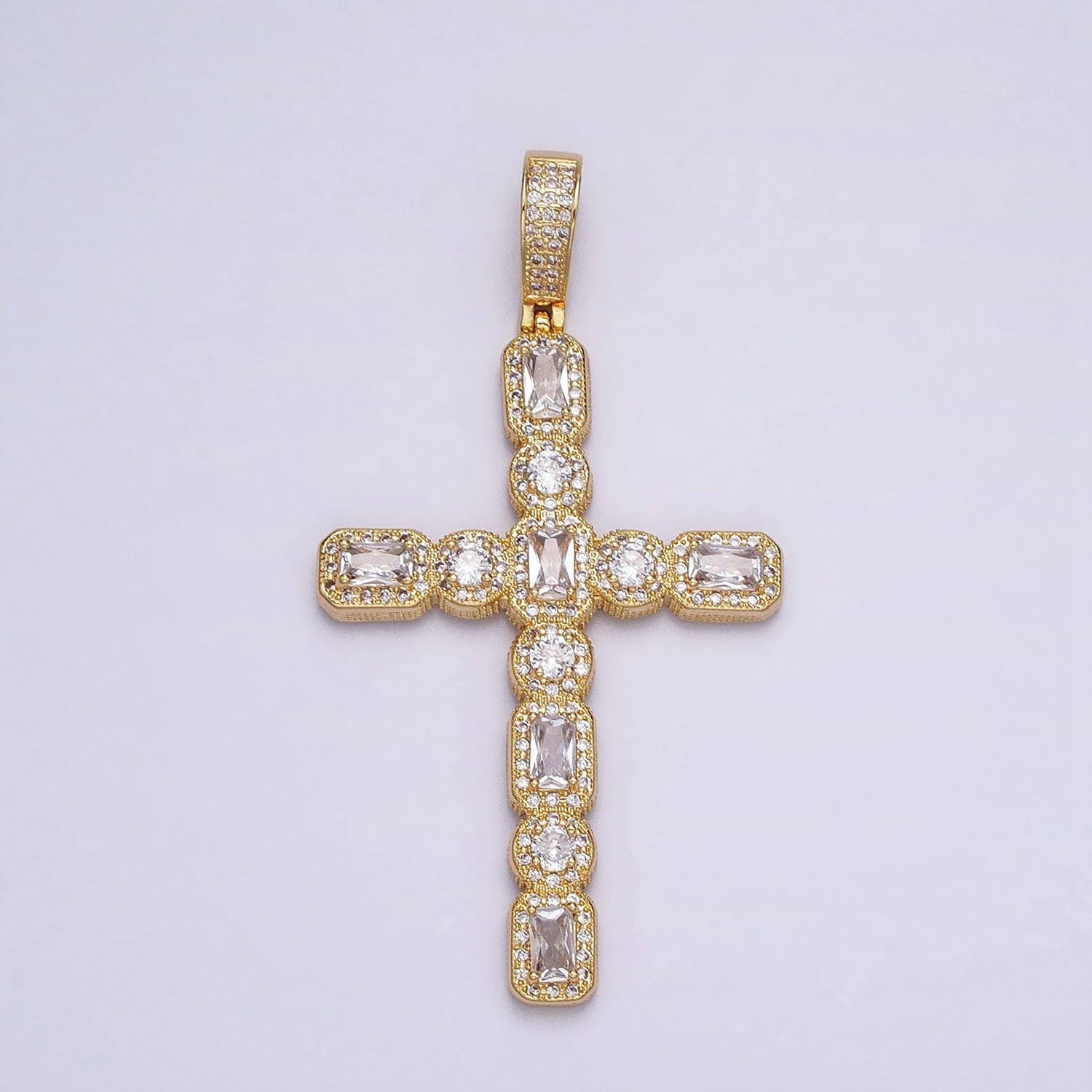 16k gold filled cross religious clear baguette round cz micro paved pendant in gold & silver | aa503 aa504