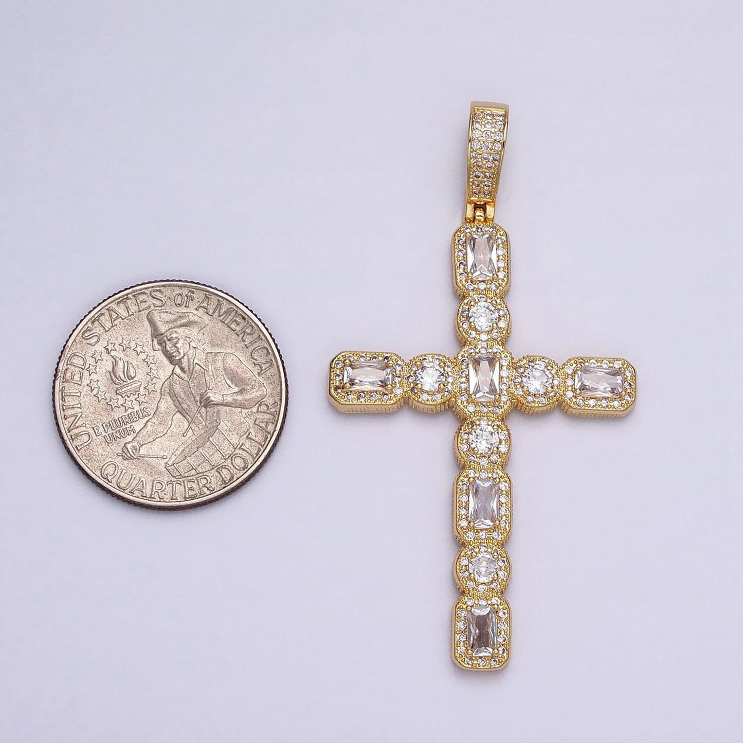 16k gold filled cross religious clear baguette round cz micro paved pendant in gold & silver | aa503 aa504