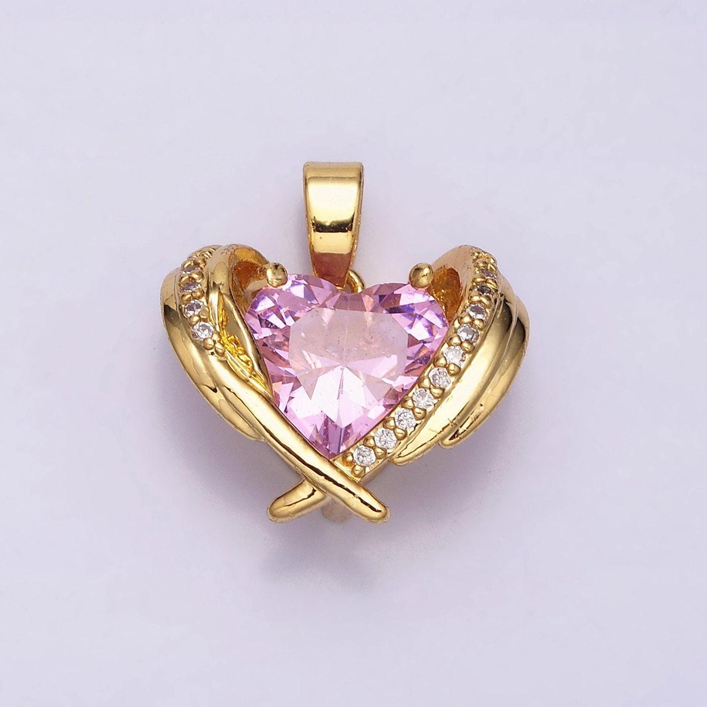 16k gold filled pink cz heart micro paved wings pendant | aa485