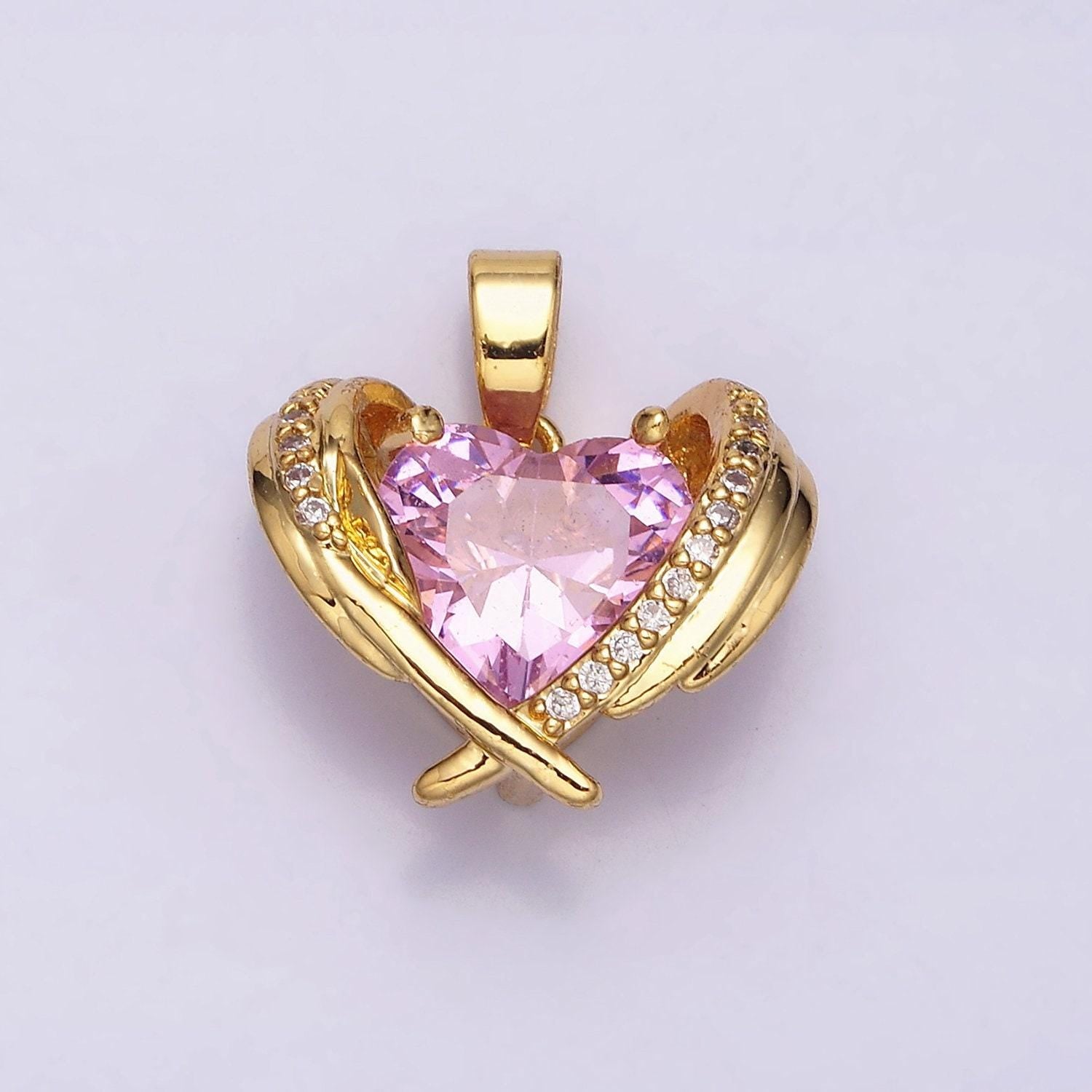 16k gold filled pink cz heart micro paved wings pendant | aa485