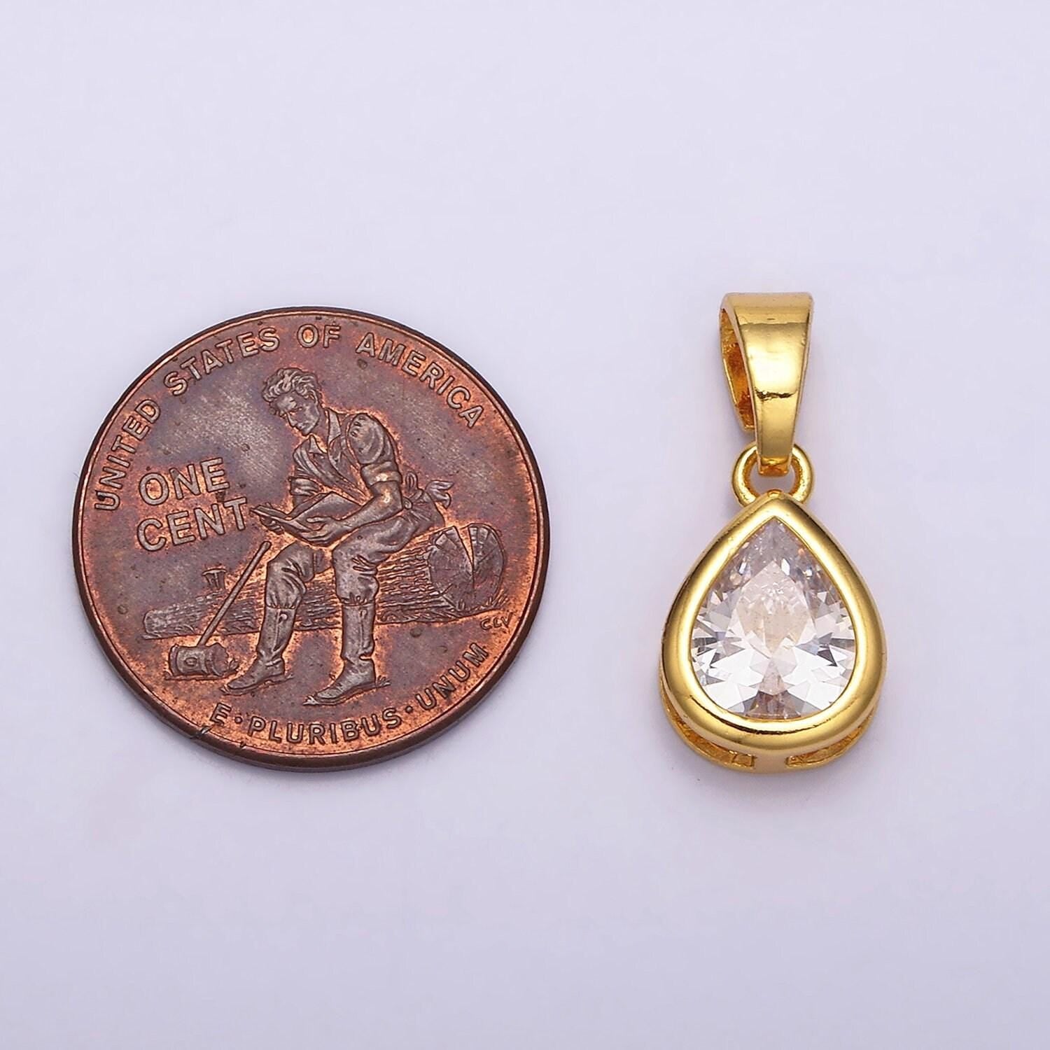 24k gold filled teardrop clear cz bezel mini pendant in gold & silver | aa443 aa444