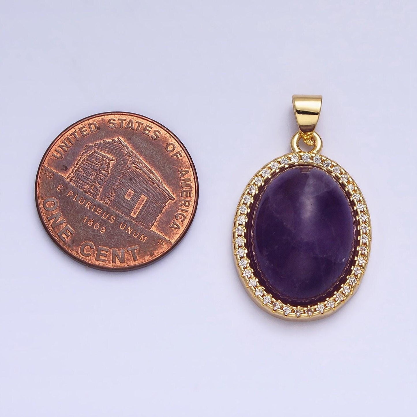 24k gold filled purple amethyst natural gemstone cabochon oval micro paved cz pendant healing stone | aa331
