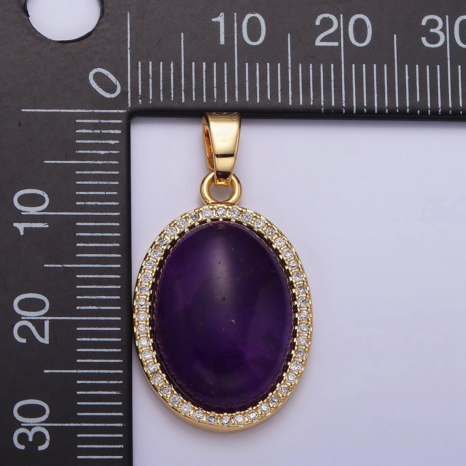 24k gold filled purple amethyst natural gemstone cabochon oval micro paved cz pendant healing stone | aa331