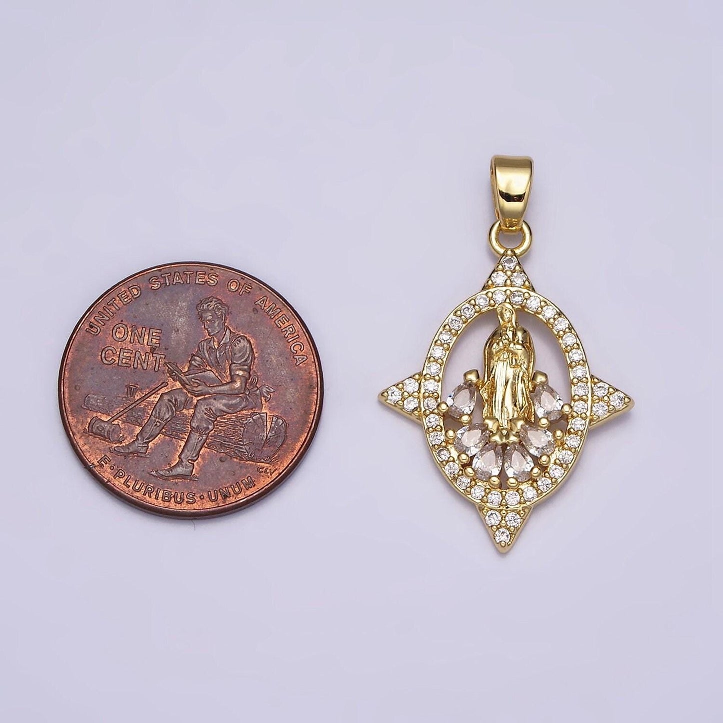 16k gold filled virgin mary lady guadalupe multiple teardrop cz micro paved spiked open oval pendant | aa482