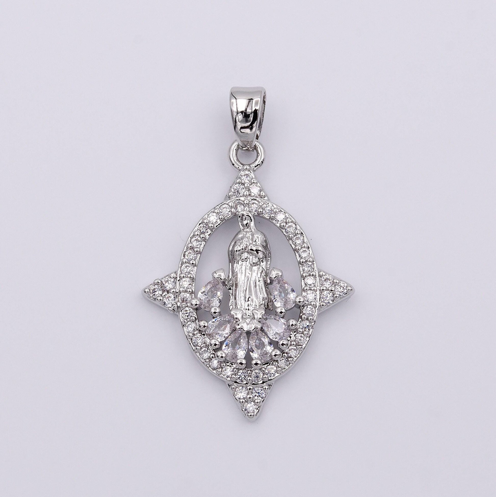 16k gold filled virgin mary lady guadalupe multiple teardrop cz micro paved spiked open oval pendant | aa482