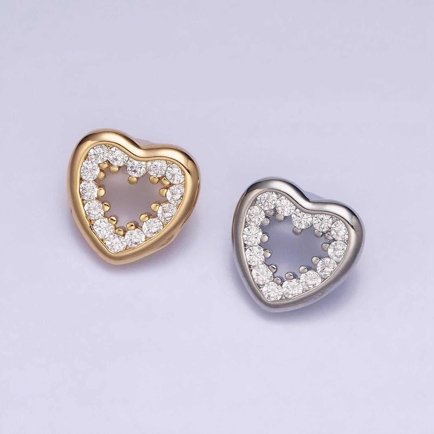 Clear cubic zirconia heart charm small beautiful bright silver open heart jewelry gold beads spacer for bracelet necklace supply aa352