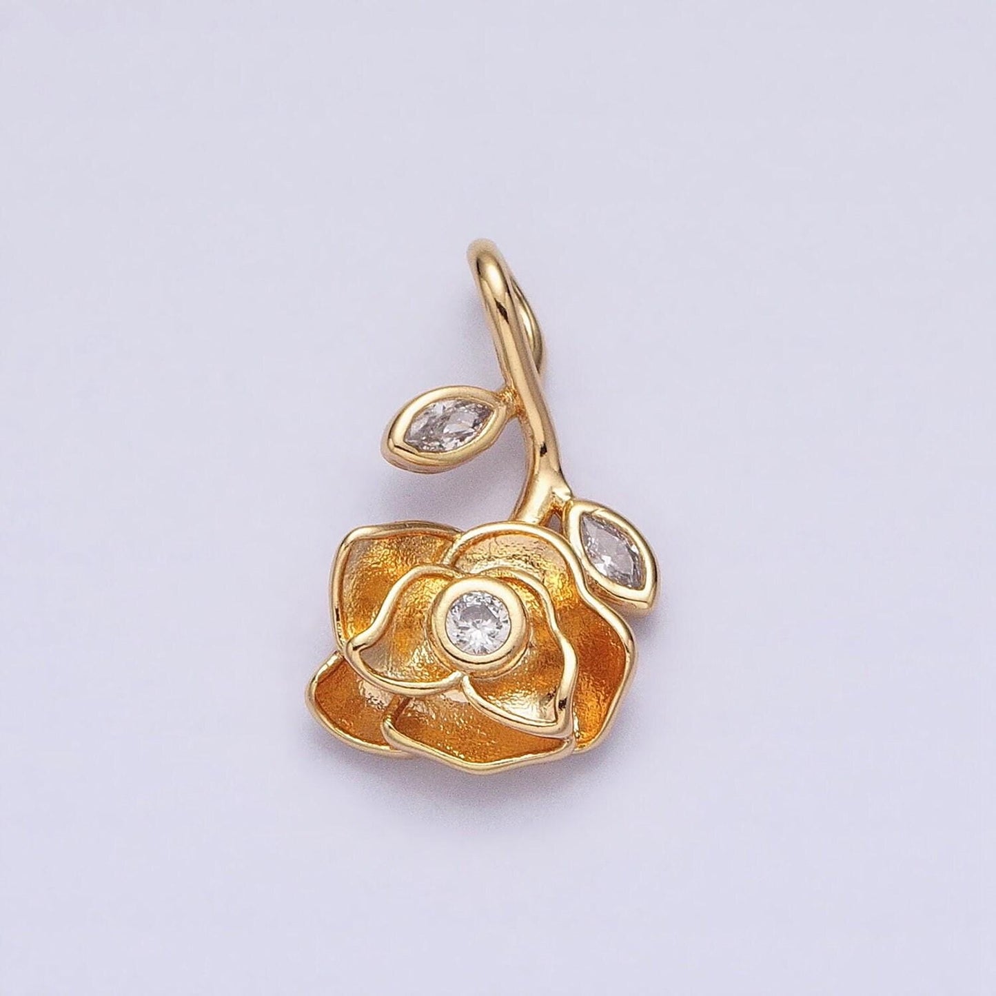 Gold hanging stem rose charm - upside down rose - 10 karat solid gold