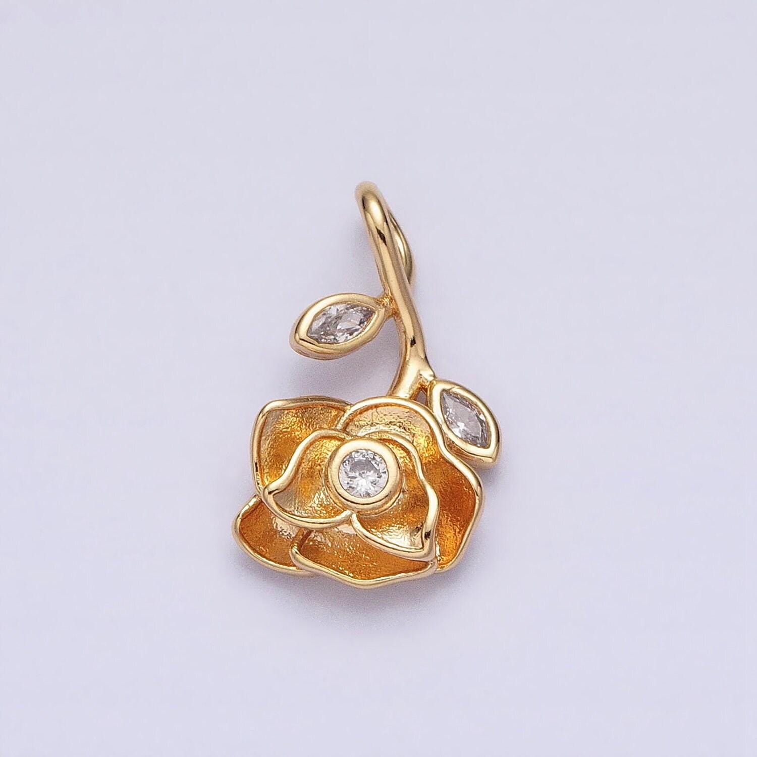 Gold hanging stem rose charm - upside down rose - 10 karat solid gold