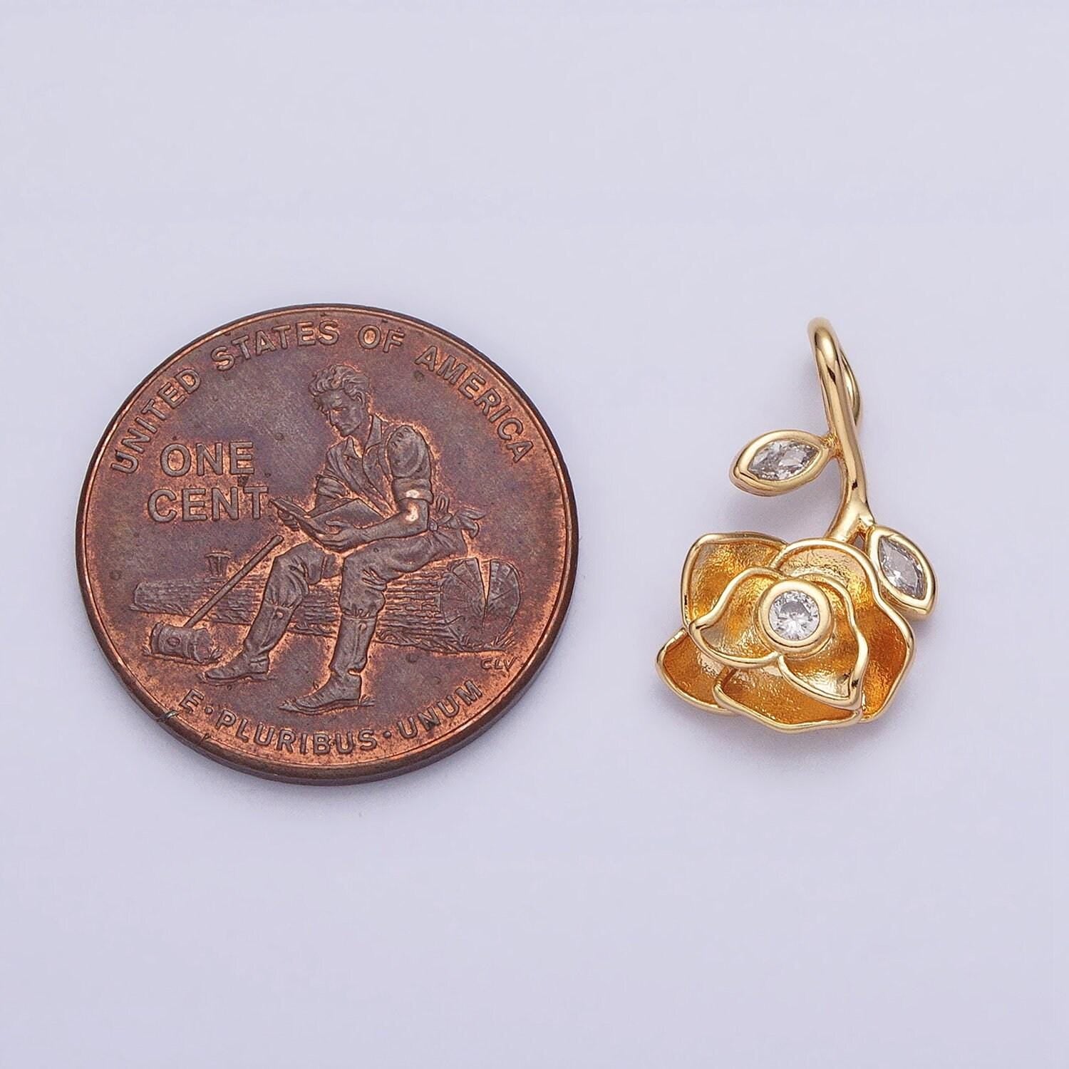 Gold hanging stem rose charm - upside down rose - 10 karat solid gold
