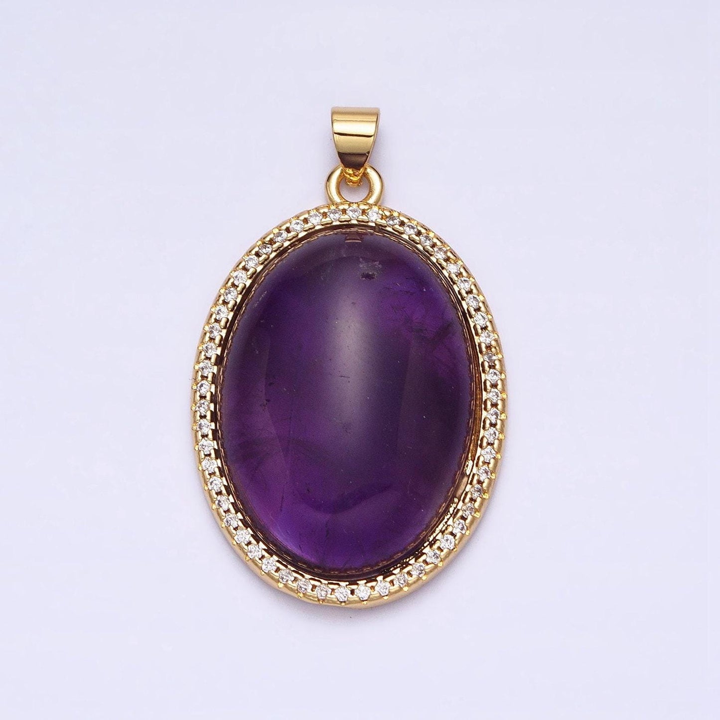 Purple amethyst, pink rose quartz oval cabochon 24k gold filled oval pendant with micro pave cz stone bezel charm aa290 aa291