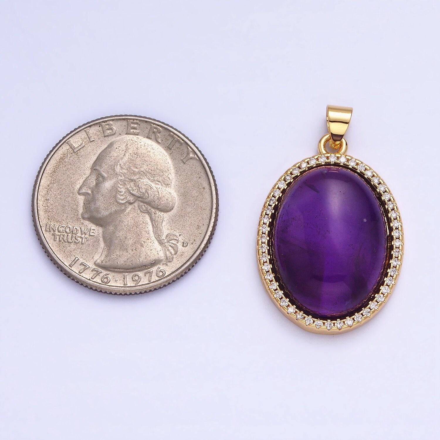 24k gold filled crystal pendant 27mm 31mm purple amethyst natural gemstone oval cabochon micro paved cz pendant | aa330