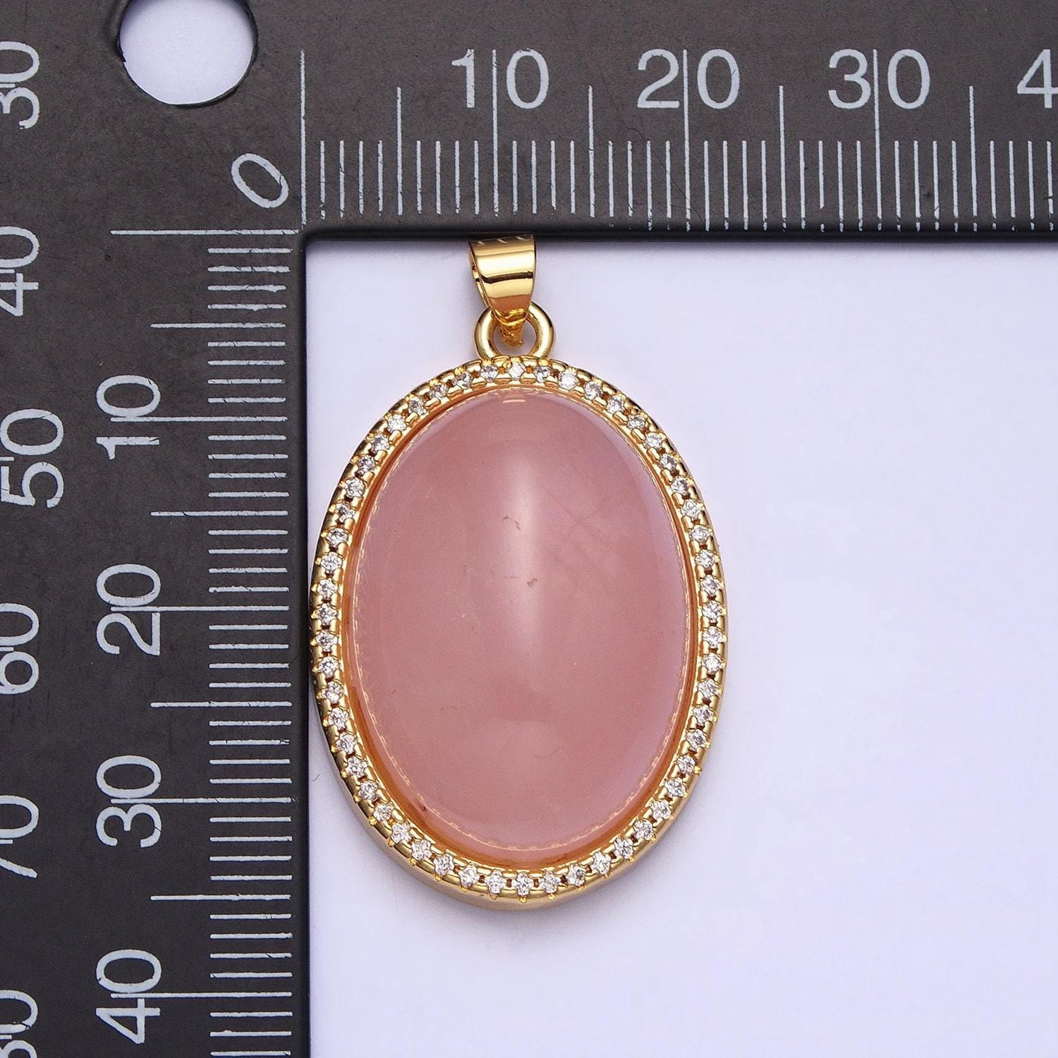 Purple amethyst, pink rose quartz oval cabochon 24k gold filled oval pendant with micro pave cz stone bezel charm aa290 aa291