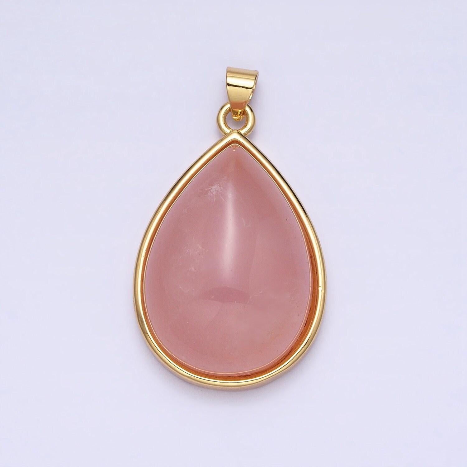 24k gold filled 28.5mm, 35mm rose quartz natural gemstone teardrop bezel pendant | aa328 aa294